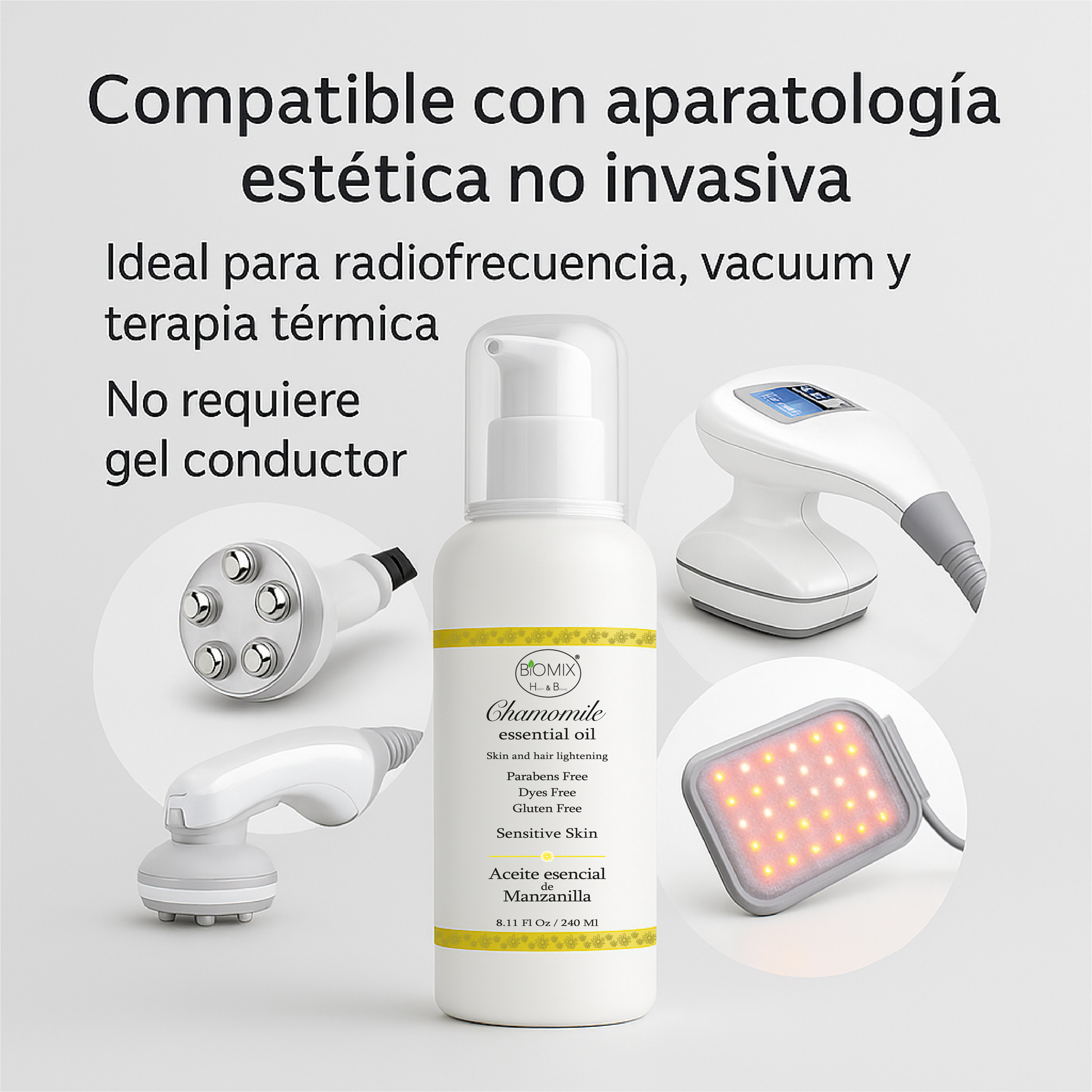 Aceite De Manzanilla Aclarante Para Cabello, Rostro Y Cuerpo 240 Ml. Uso en hogar, centros estético, spa, aparatología