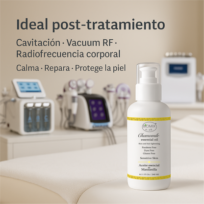 Aceite De Manzanilla Aclarante Para Cabello, Rostro Y Cuerpo 240 Ml. Uso en hogar, centros estético, spa, aparatología
