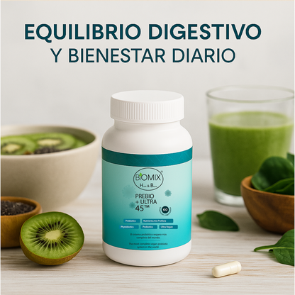 PREBIO+ ULTRA 45, Probiótico Vegano 45 Billones CFU + Prebióticos + Cúrcuma + Jengibre 100% Vegano, Sin Gluten (El sistema probiótico vegano más completo del mundo) 60 Servicios