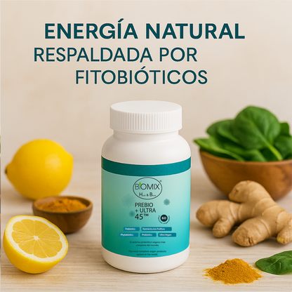 PREBIO+ ULTRA 45, Probiótico Vegano 45 Billones CFU + Prebióticos + Cúrcuma + Jengibre 100% Vegano, Sin Gluten (El sistema probiótico vegano más completo del mundo) 60 Servicios