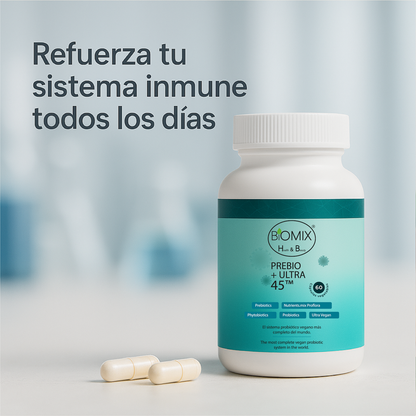 PREBIO+ ULTRA 45, Probiótico Vegano 45 Billones CFU + Prebióticos + Cúrcuma + Jengibre 100% Vegano, Sin Gluten (El sistema probiótico vegano más completo del mundo) 60 Servicios