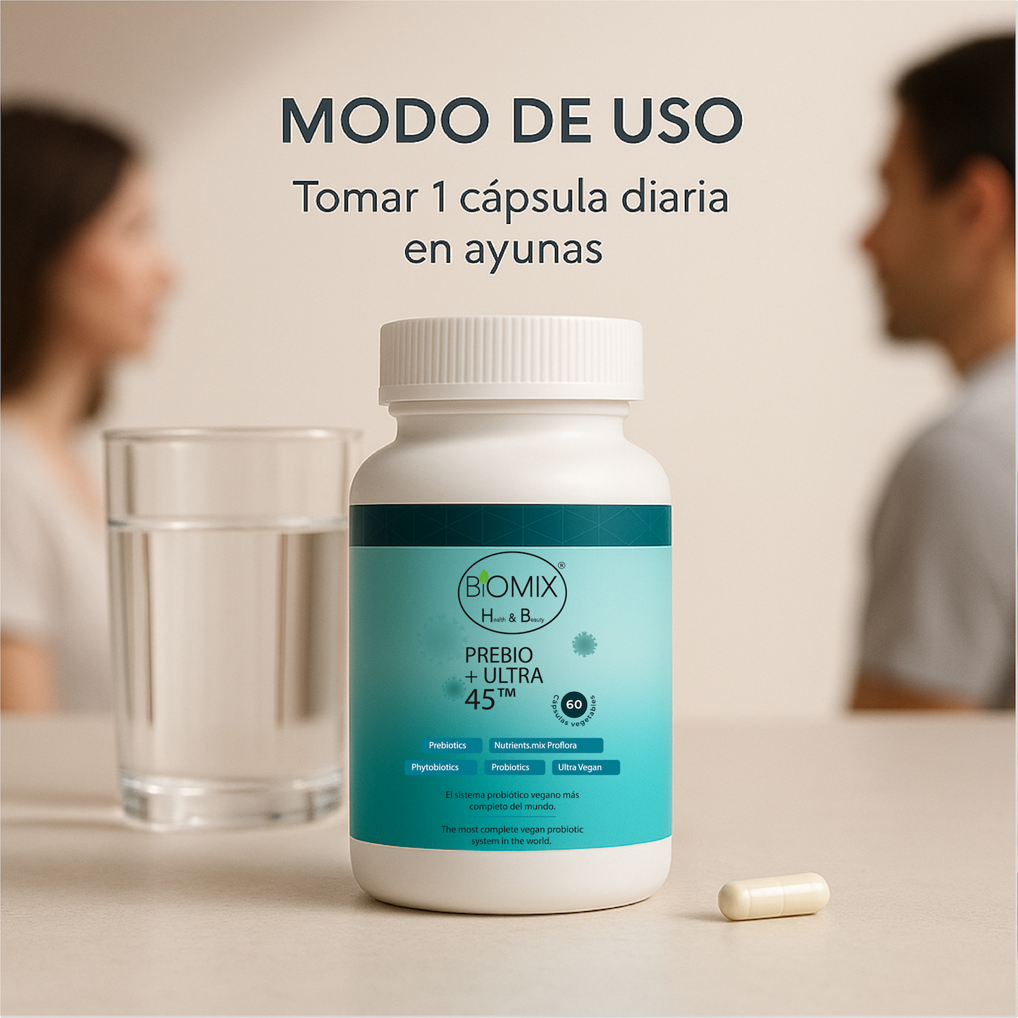 PREBIO+ ULTRA 45, Probiótico Vegano 45 Billones CFU + Prebióticos + Cúrcuma + Jengibre 100% Vegano, Sin Gluten (El sistema probiótico vegano más completo del mundo) 60 Servicios