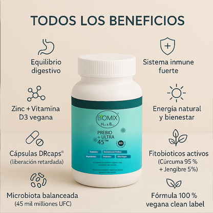 PREBIO+ ULTRA 45, Probiótico Vegano 45 Billones CFU + Prebióticos + Cúrcuma + Jengibre 100% Vegano, Sin Gluten (El sistema probiótico vegano más completo del mundo) 60 Servicios