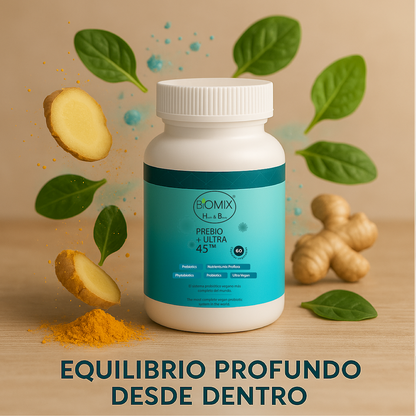 PREBIO+ ULTRA 45, Probiótico Vegano 45 Billones CFU + Prebióticos + Cúrcuma + Jengibre 100% Vegano, Sin Gluten (El sistema probiótico vegano más completo del mundo) 60 Servicios