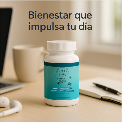 PREBIO+ ULTRA 45, Probiótico Vegano 45 Billones CFU + Prebióticos + Cúrcuma + Jengibre 100% Vegano, Sin Gluten (El sistema probiótico vegano más completo del mundo) 60 Servicios