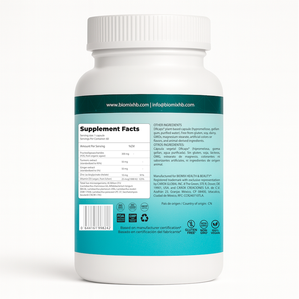 PREBIO+ ULTRA 45, Probiótico Vegano 45 Billones CFU + Prebióticos + Cúrcuma + Jengibre 100% Vegano, Sin Gluten (El sistema probiótico vegano más completo del mundo) 60 Servicios