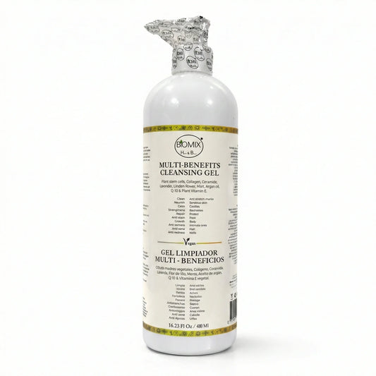 BIOMIX Gel Limpiador Multi- Beneficios 15 en 1, Células Madre Vegetales, Potenciador de Colágeno vegetal, Ceramida de Arroz, Aceite de Argán, Q10 vegetal, Vitamina E, Manteca de Karité, Jojoba, Extracto de Lavanda y más 480ml/16.23 Fl.Oz.