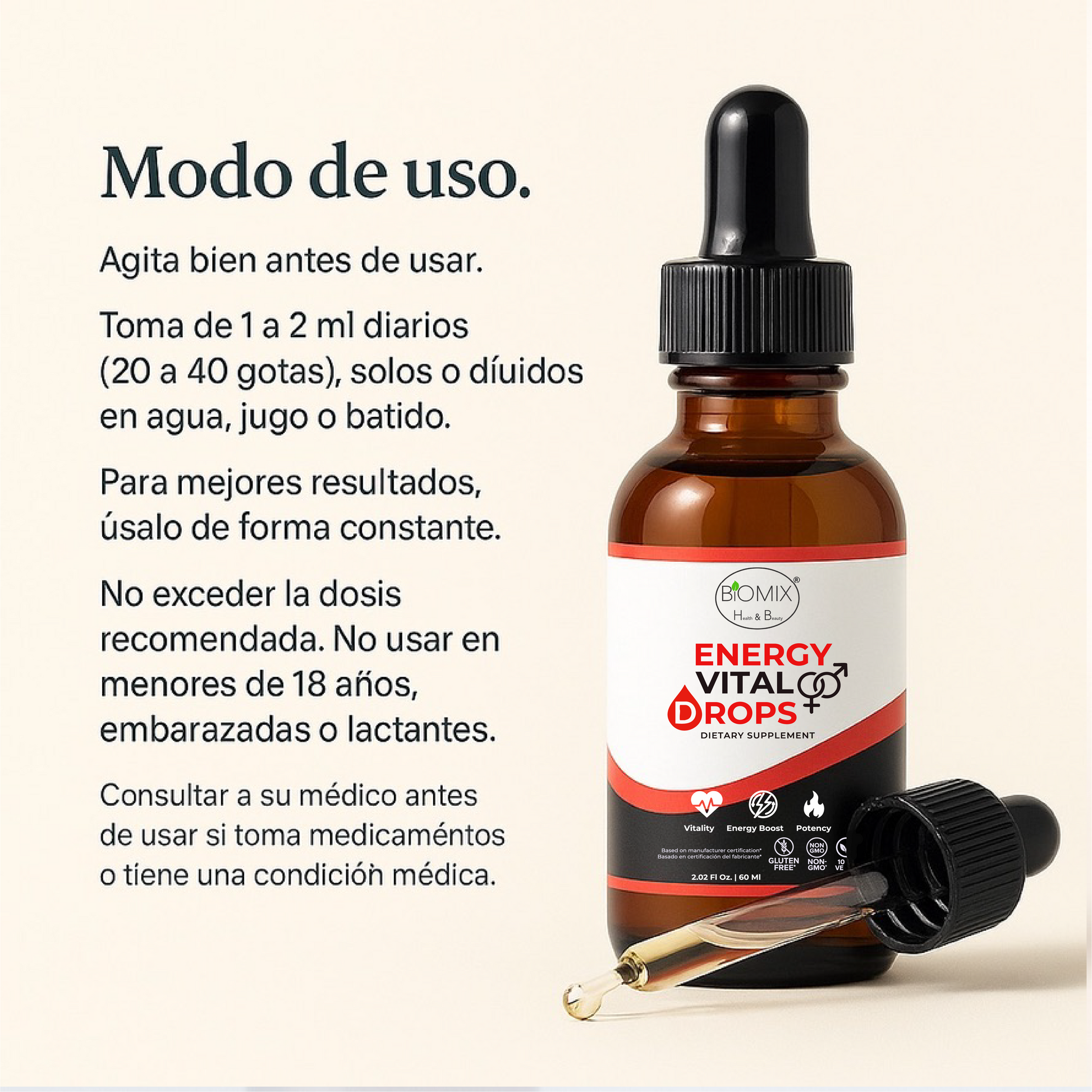 Gotas Energy Vital para Energía, Potencia sexual, Vitalidad 100% Veganas y Naturales, Sin azúcar Añadida, Energía Total, Deseo Intensificado y Bienestar Hormonal en Fórmula Líquida Premium,