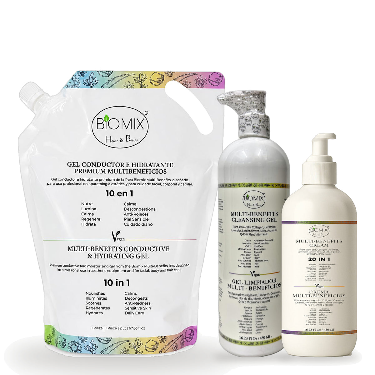 Biomix Kit Cabina Profesional · Gel Limpiador 15 en 1 (480 ml) + Gel Conductor e Hidratante 10 en 1 (2 L) + Crema 20 en 