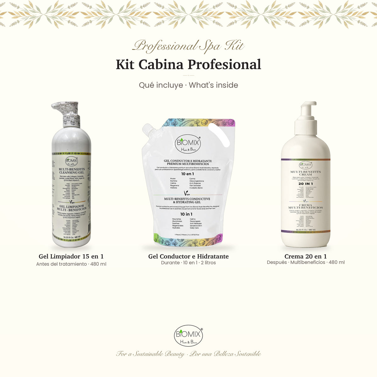 Biomix Kit Cabina Profesional · Gel Limpiador 15 en 1 (480 ml) + Gel Conductor e Hidratante 10 en 1 (2 L) + Crema 20 en 