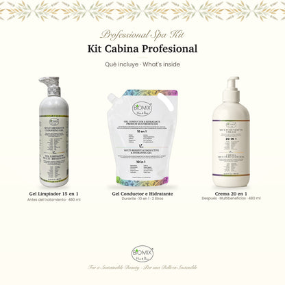 Biomix Kit Cabina Profesional · Gel Limpiador 15 en 1 (480 ml) + Gel Conductor e Hidratante 10 en 1 (2 L) + Crema 20 en 
