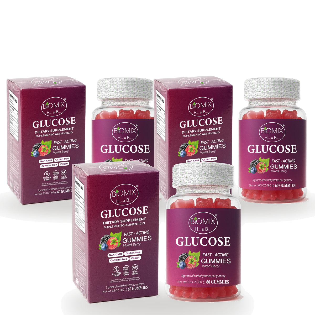 Biomix Gomitas de Glucosa de Acción Rápida · Paquete de 3 Frascos (60 gomitas c/u, sabor frutos rojos)