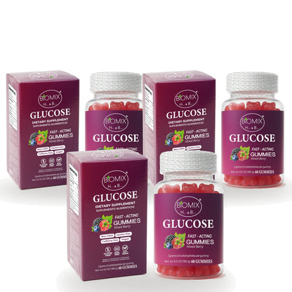 Biomix Gomitas de Glucosa de Acción Rápida · Paquete de 3 Frascos (60 gomitas c/u, sabor frutos rojos)