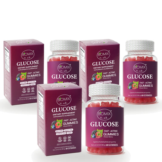 Biomix Gomitas de Glucosa de Acción Rápida · Paquete de 3 Frascos (60 gomitas c/u, sabor frutos rojos)