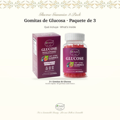Biomix Gomitas de Glucosa de Acción Rápida · Paquete de 3 Frascos (60 gomitas c/u, sabor frutos rojos)