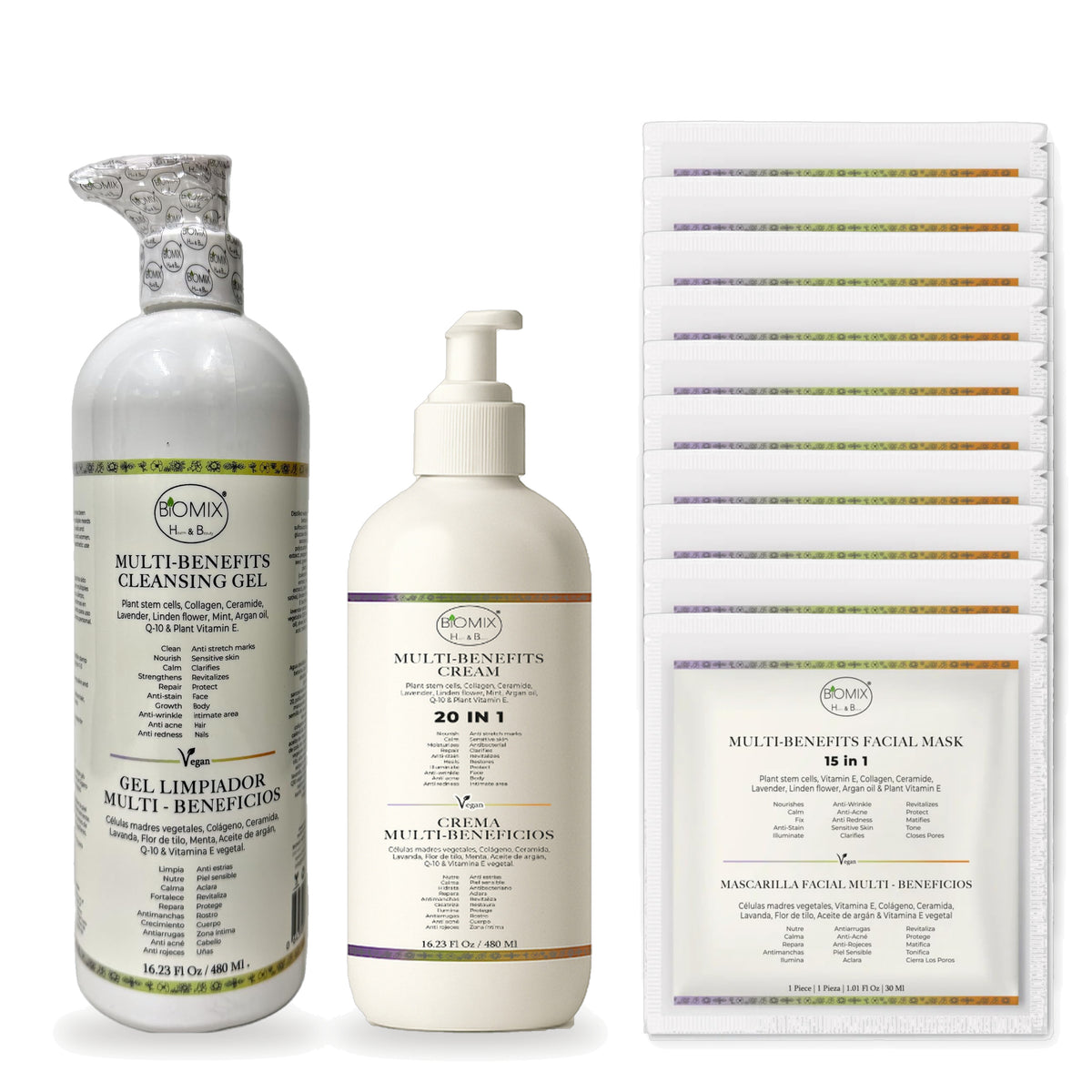 Biomix Kit Multibeneficios Completo · Gel Limpiador 15 en 1 (480 ml) + Crema 20 en 1 (480 ml) + 10 Mascarillas Bio Colág
