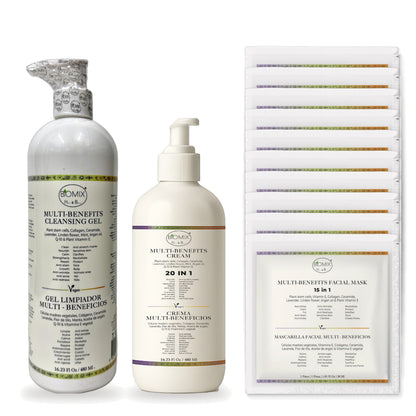Biomix Kit Multibeneficios Completo · Gel Limpiador 15 en 1 (480 ml) + Crema 20 en 1 (480 ml) + 10 Mascarillas Bio Colág