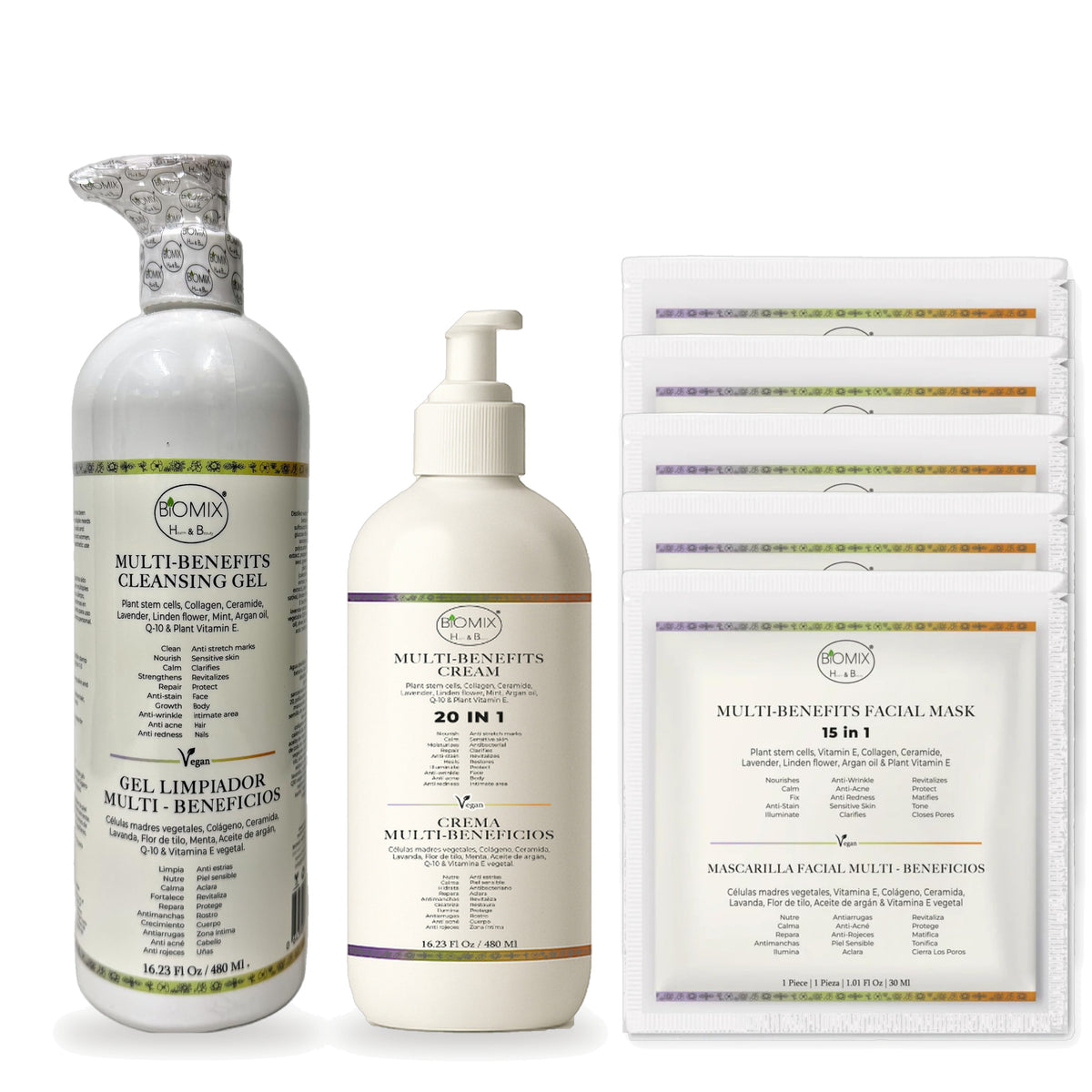 Biomix Kit Multibeneficios Esencial · Gel Limpiador 15 en 1 (480 ml) + Crema 20 en 1 (480 ml) + 5 Mascarillas Bio Coláge