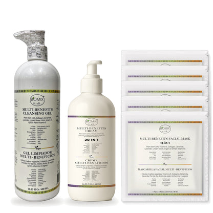 Biomix Kit Multibeneficios Esencial · Gel Limpiador 15 en 1 (480 ml) + Crema 20 en 1 (480 ml) + 5 Mascarillas Bio Coláge