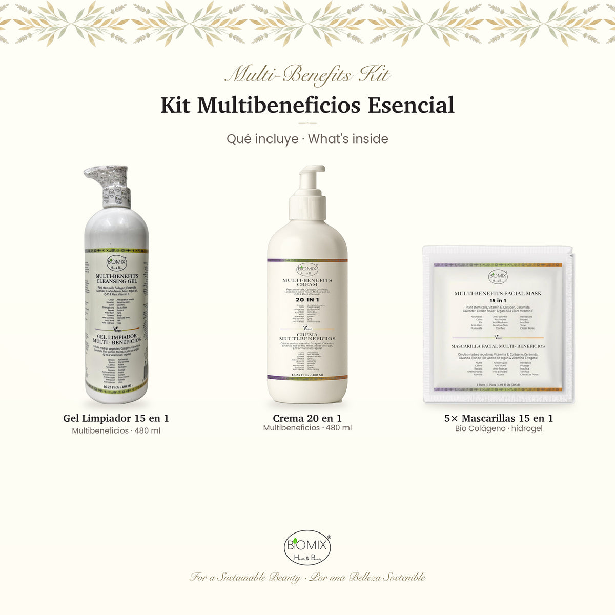 Biomix Kit Multibeneficios Esencial · Gel Limpiador 15 en 1 (480 ml) + Crema 20 en 1 (480 ml) + 5 Mascarillas Bio Coláge