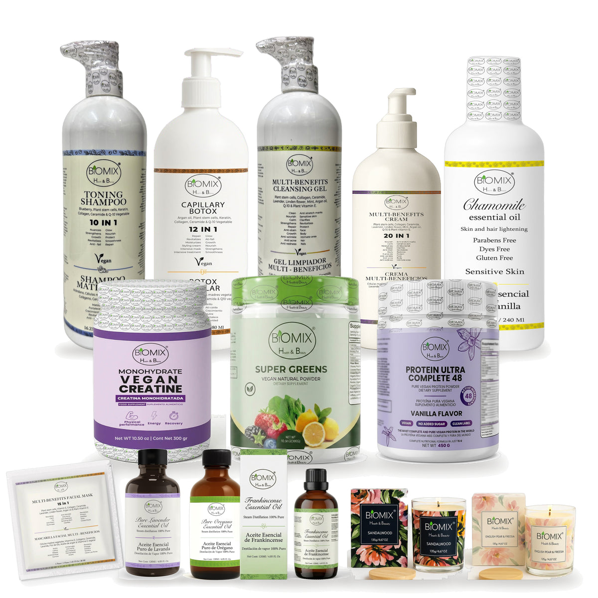 Biomix Colección Nos Une · 14 Productos: Aceites Esenciales de Lavanda, Orégano e Incienso, Gel Limpiador, Crema 20 en 1