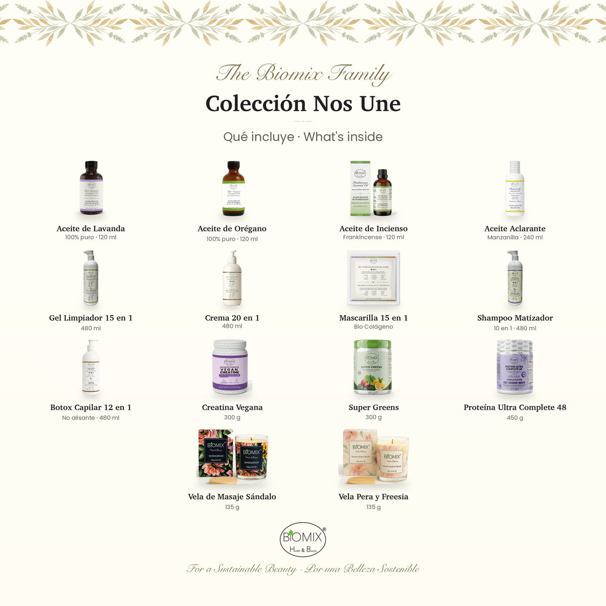 Biomix Colección Nos Une · 14 Productos: Aceites Esenciales de Lavanda, Orégano e Incienso, Gel Limpiador, Crema 20 en 1