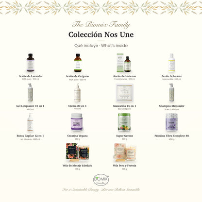 Biomix Colección Nos Une · 14 Productos: Aceites Esenciales de Lavanda, Orégano e Incienso, Gel Limpiador, Crema 20 en 1