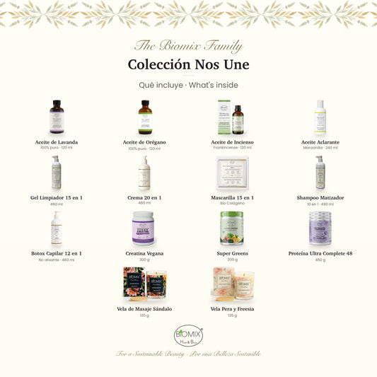 Biomix Colección Nos Une · 14 Productos: Aceites Esenciales de Lavanda, Orégano e Incienso, Gel Limpiador, Crema 20 en 1