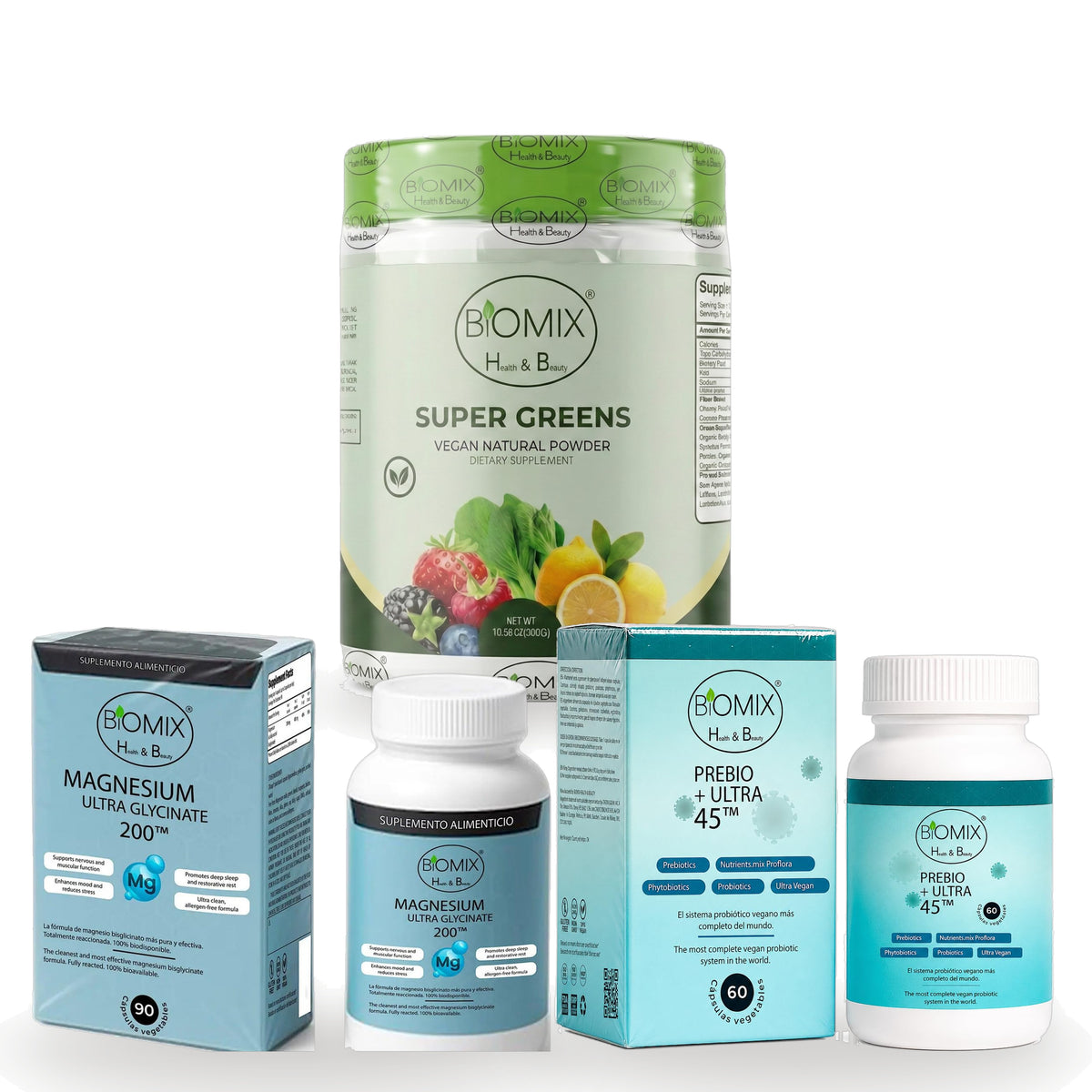 Biomix Rutina Día y Noche · Super Greens (300 g) + Prebio+ Ultra 45 (60 cápsulas) + Magnesio Ultra Glicinato 200 (90 cáp