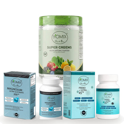 Biomix Rutina Día y Noche · Super Greens (300 g) + Prebio+ Ultra 45 (60 cápsulas) + Magnesio Ultra Glicinato 200 (90 cáp