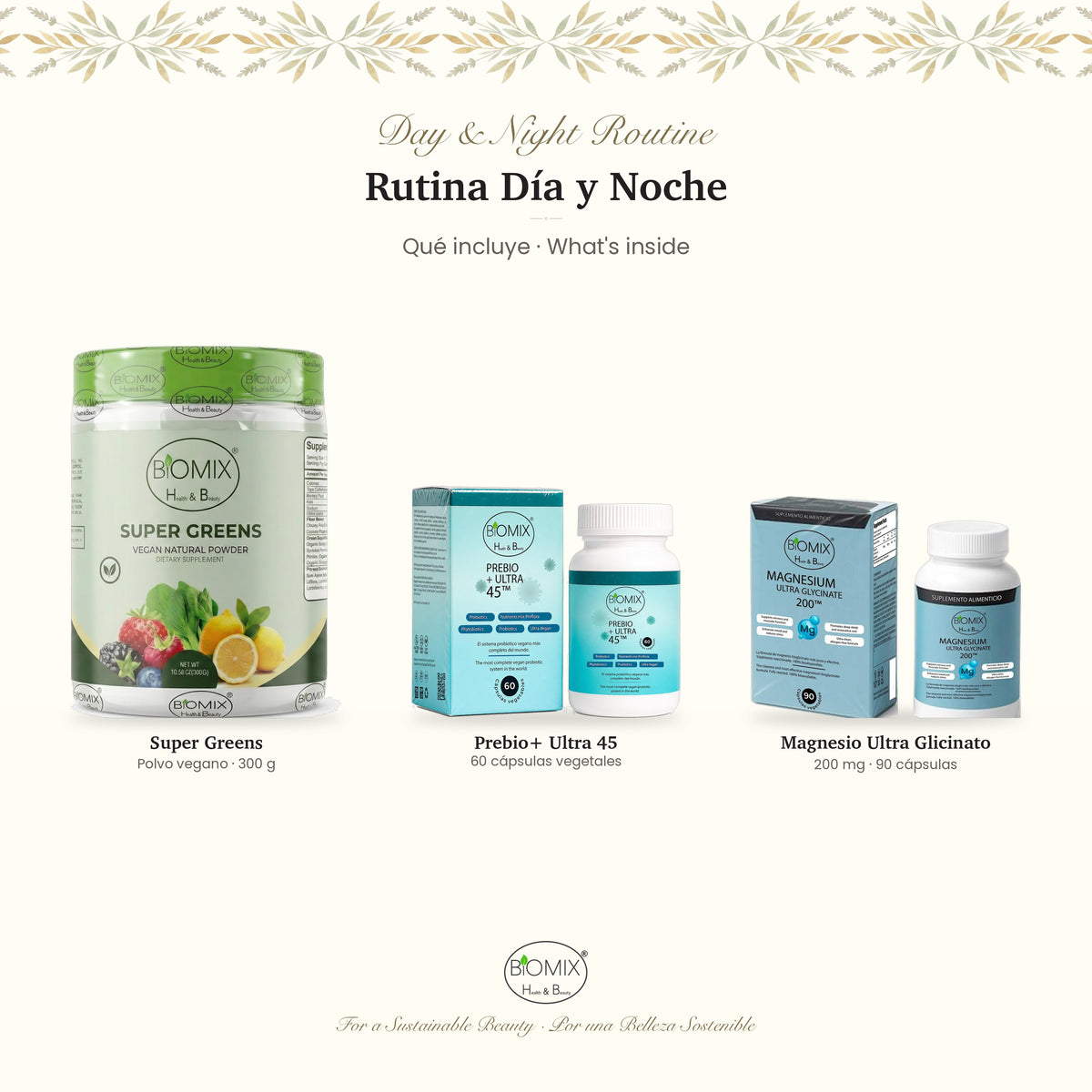 Biomix Rutina Día y Noche · Super Greens (300 g) + Prebio+ Ultra 45 (60 cápsulas) + Magnesio Ultra Glicinato 200 (90 cáp