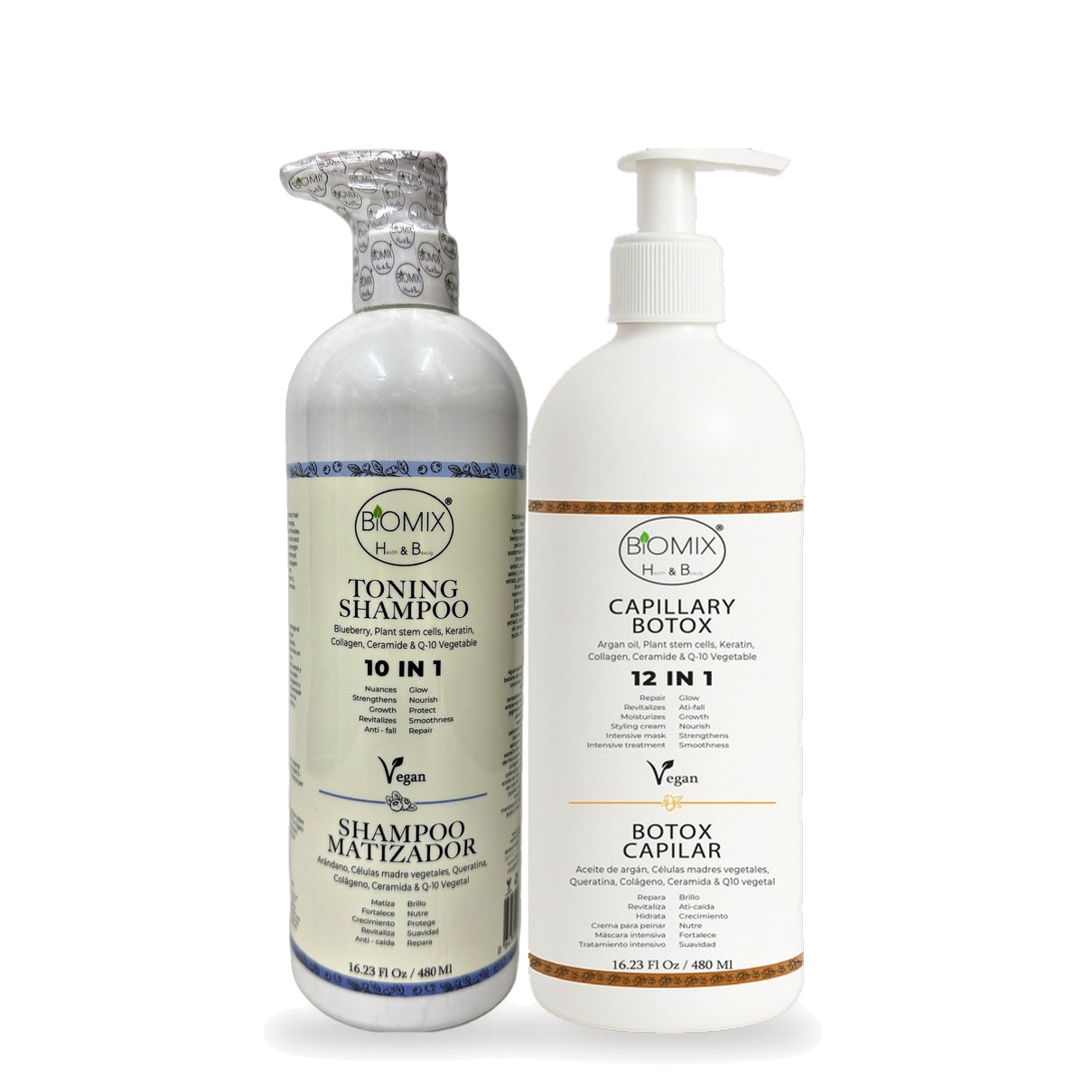 Biomix Rutina Matizante · Shampoo Matizador 10 en 1 (480 ml) + Botox Capilar 12 en 1 No Alisante (480 ml)