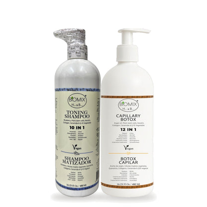Biomix Rutina Matizante · Shampoo Matizador 10 en 1 (480 ml) + Botox Capilar 12 en 1 No Alisante (480 ml)
