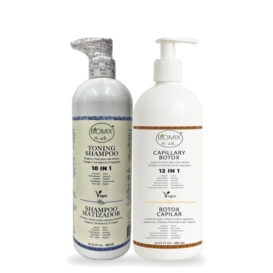Biomix Rutina Matizante · Shampoo Matizador 10 en 1 (480 ml) + Botox Capilar 12 en 1 No Alisante (480 ml)