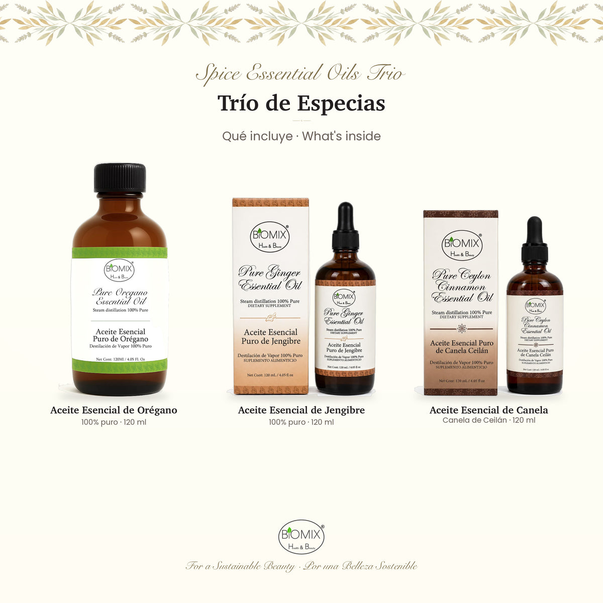 Biomix Trío de Especias · Aceites Esenciales 100% Puros de Orégano, Jengibre y Canela de Ceilán (3 × 120 ml)