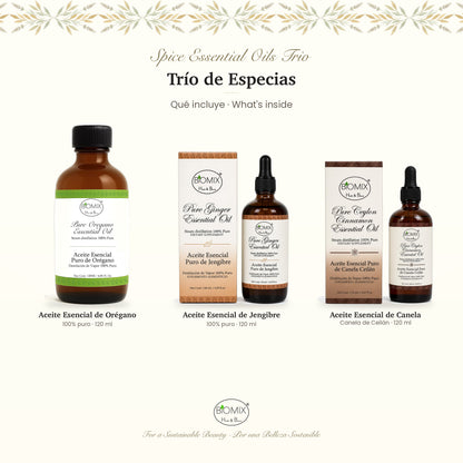 Biomix Trío de Especias · Aceites Esenciales 100% Puros de Orégano, Jengibre y Canela de Ceilán (3 × 120 ml)