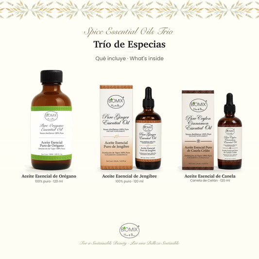 Biomix Trío de Especias · Aceites Esenciales 100% Puros de Orégano, Jengibre y Canela de Ceilán (3 × 120 ml)