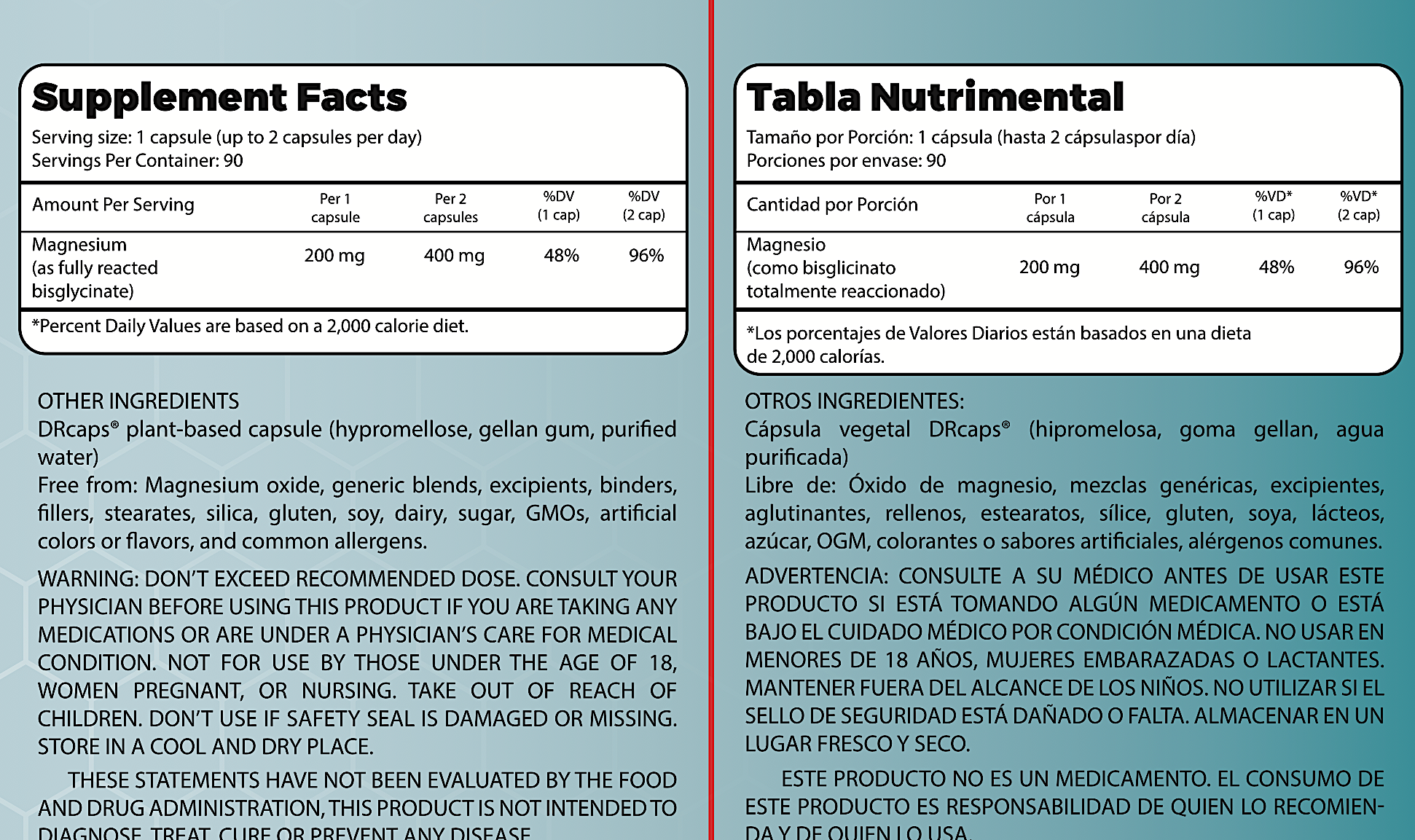 Ultra Glicinato de Magnesio Premium 100% Puro Biodisponible 90 Cápsulas para 45 - 90 Días, Vegano