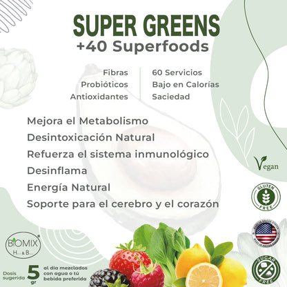 Super Greens Polvo Superfoods con Probióticos, Antioxidantes, Fibras y Enzimas para preparar malteadas sin Azúcares ni Gluten 60 Servicios
