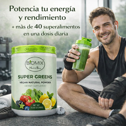 Super Greens Polvo Superfoods con Probióticos, Antioxidantes, Fibras y Enzimas para preparar malteadas sin Azúcares ni Gluten 60 Servicios