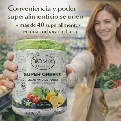 Super Greens Polvo Superfoods con Probióticos, Antioxidantes, Fibras y Enzimas para preparar malteadas sin Azúcares ni Gluten 60 Servicios
