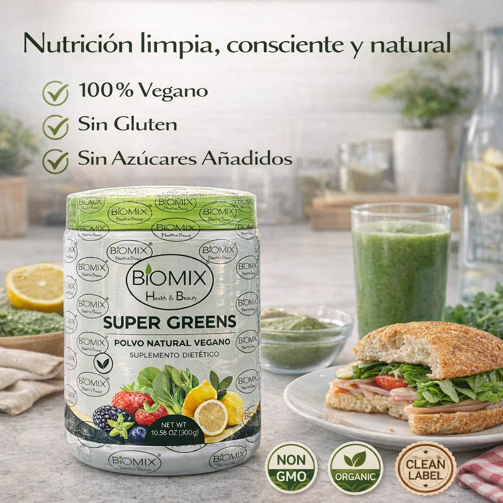 Super Greens Polvo Superfoods con Probióticos, Antioxidantes, Fibras y Enzimas para preparar malteadas sin Azúcares ni Gluten 60 Servicios