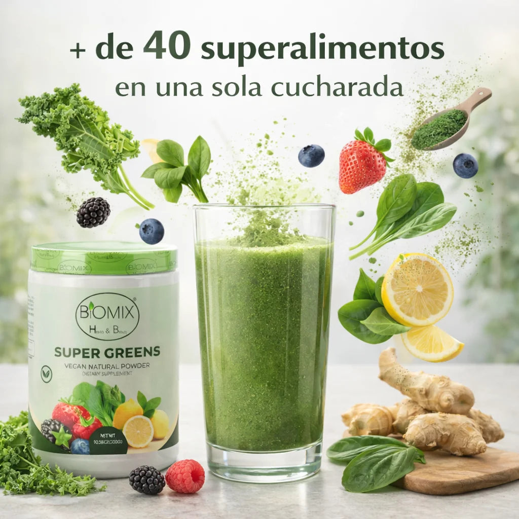 Super Greens Polvo Superfoods con Probióticos, Antioxidantes, Fibras y Enzimas para preparar malteadas sin Azúcares ni Gluten 60 Servicios