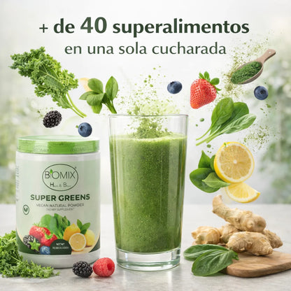 Super Greens Polvo Superfoods con Probióticos, Antioxidantes, Fibras y Enzimas para preparar malteadas sin Azúcares ni Gluten 60 Servicios