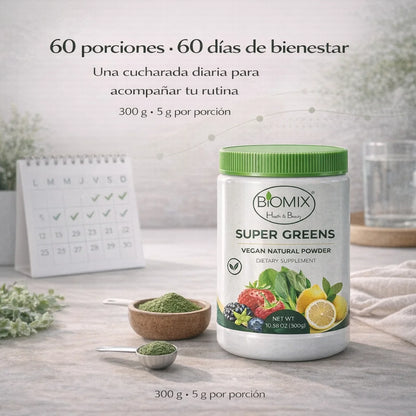 Super Greens Polvo Superfoods con Probióticos, Antioxidantes, Fibras y Enzimas para preparar malteadas sin Azúcares ni Gluten 60 Servicios