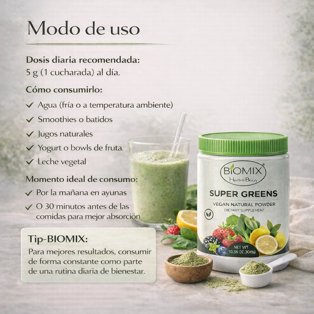 Super Greens Polvo Superfoods con Probióticos, Antioxidantes, Fibras y Enzimas para preparar malteadas sin Azúcares ni Gluten 60 Servicios