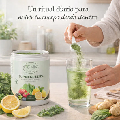 Super Greens Polvo Superfoods con Probióticos, Antioxidantes, Fibras y Enzimas para preparar malteadas sin Azúcares ni Gluten 60 Servicios