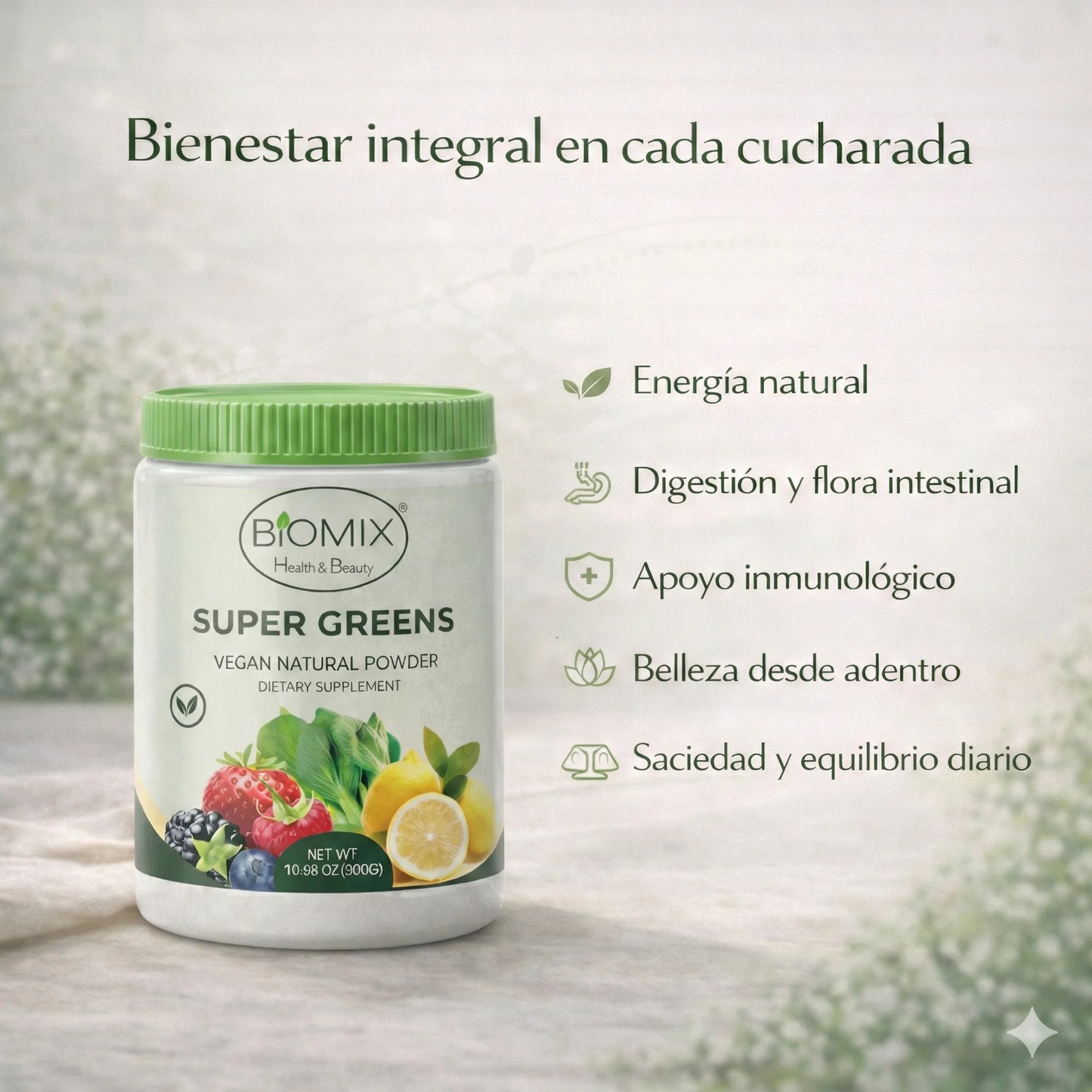 Super Greens Polvo Superfoods con Probióticos, Antioxidantes, Fibras y Enzimas para preparar malteadas sin Azúcares ni Gluten 60 Servicios