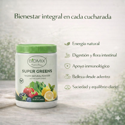 Super Greens Polvo Superfoods con Probióticos, Antioxidantes, Fibras y Enzimas para preparar malteadas sin Azúcares ni Gluten 60 Servicios