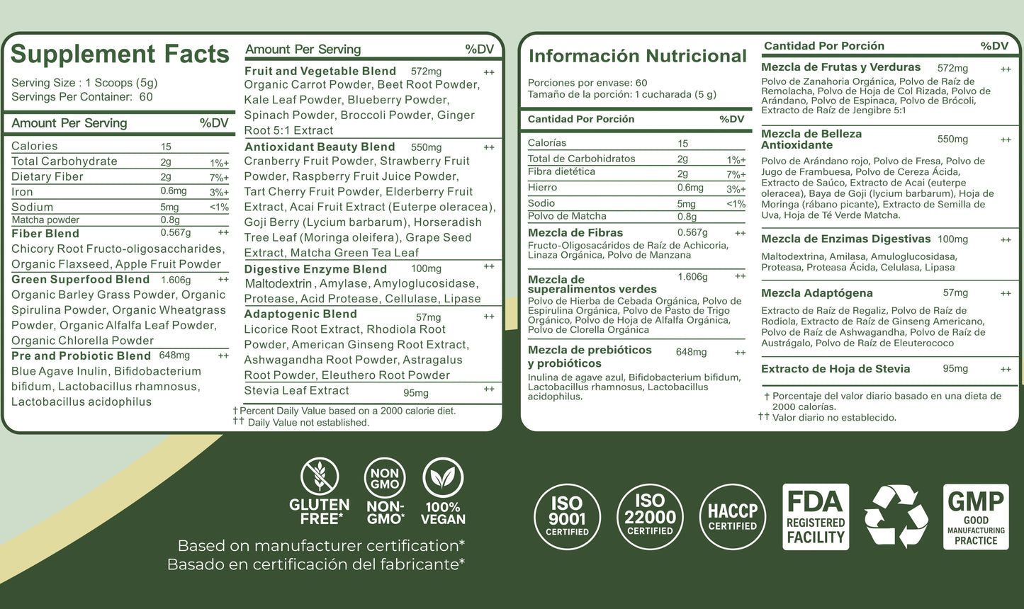 Super Greens Polvo Superfoods con Probióticos, Antioxidantes, Fibras y Enzimas para preparar malteadas sin Azúcares ni Gluten 60 Servicios